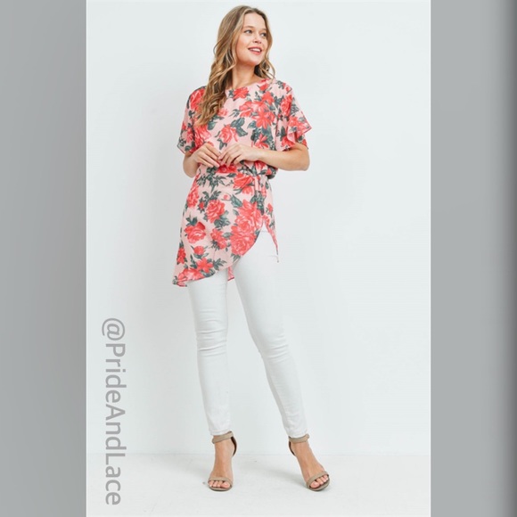 LAST 2️⃣ PEACH FLORAL ASYMMETRICAL TOP - Picture 2 of 3